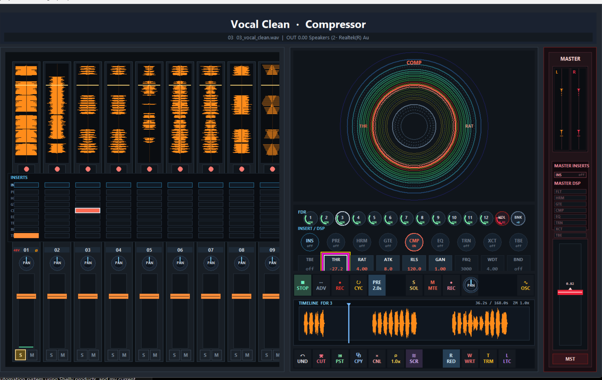 System Q Console Compressor stage with threshold, ratio, attack, release, gain, frequency, width, and band controls