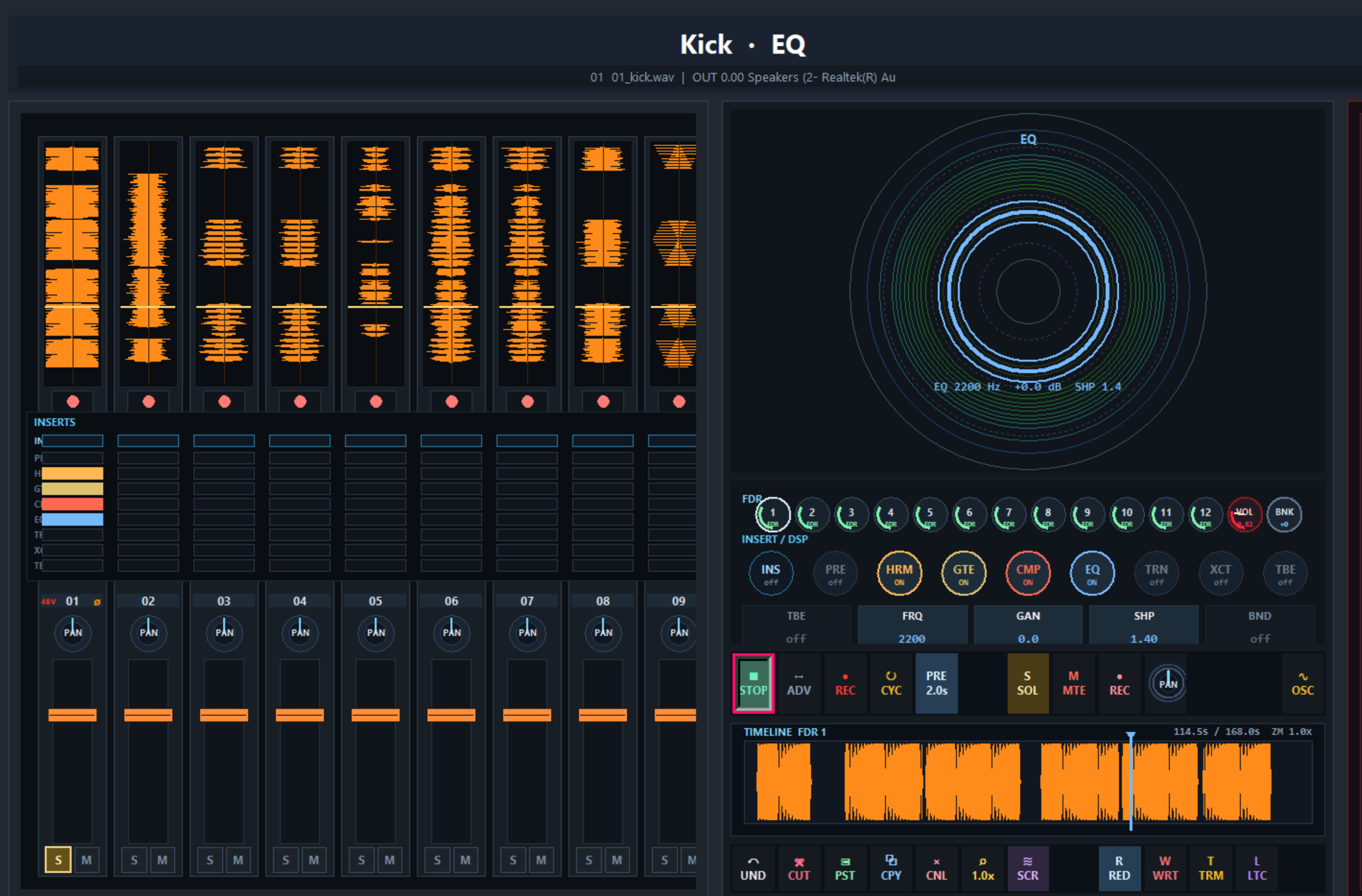 System Q Console EQ stage with frequency, gain, shape, and band controls