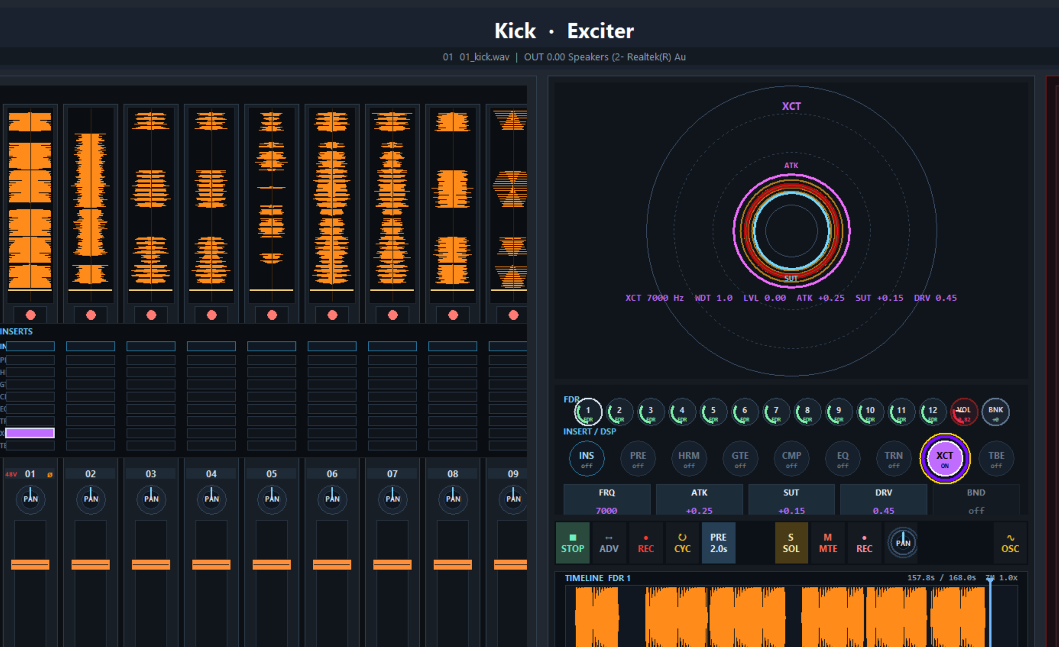 System Q Console Exciter stage with frequency, attack, sustain, drive, and band controls