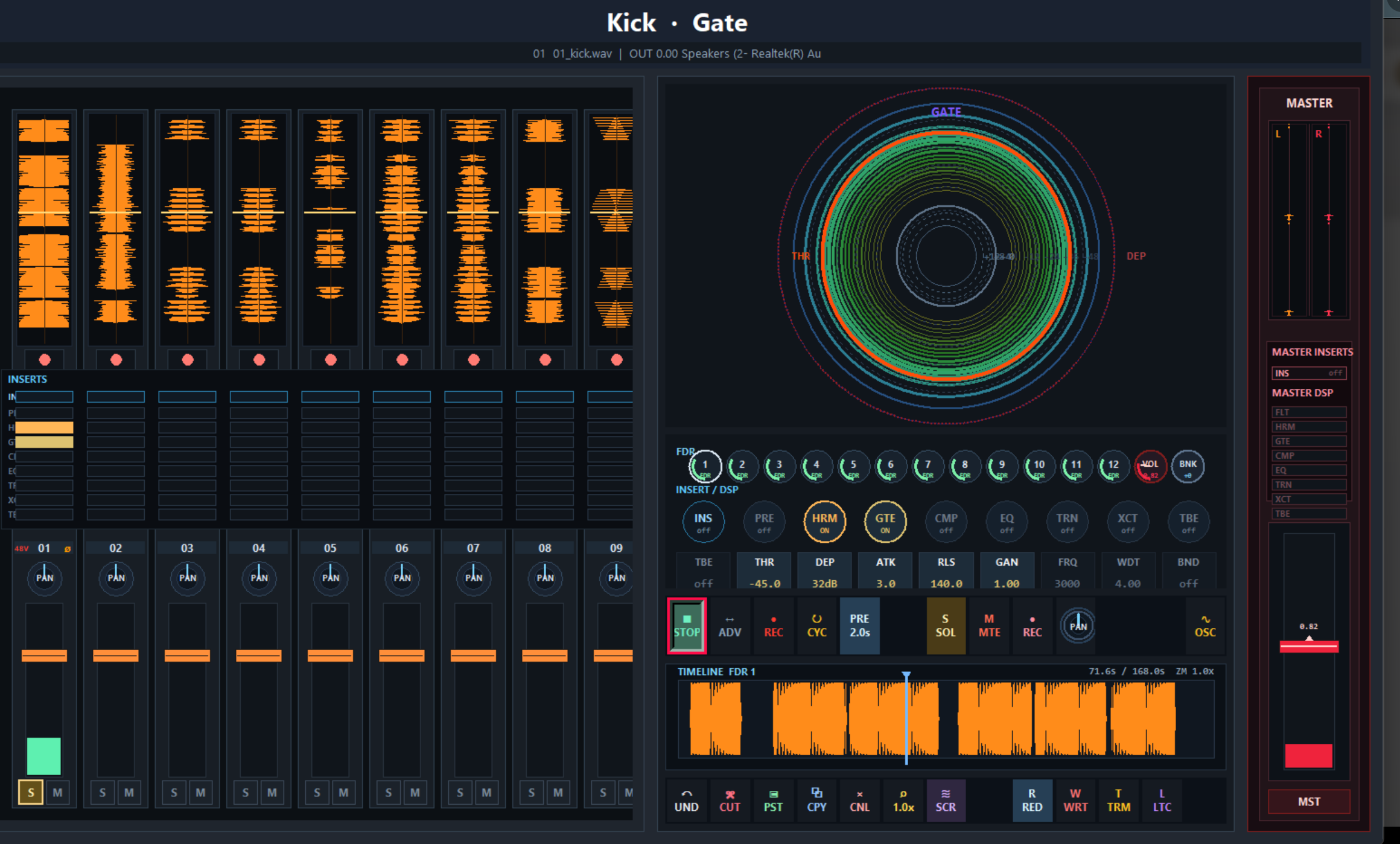 System Q Console Gate stage showing threshold, depth, attack, release, gain, frequency, width, and band controls