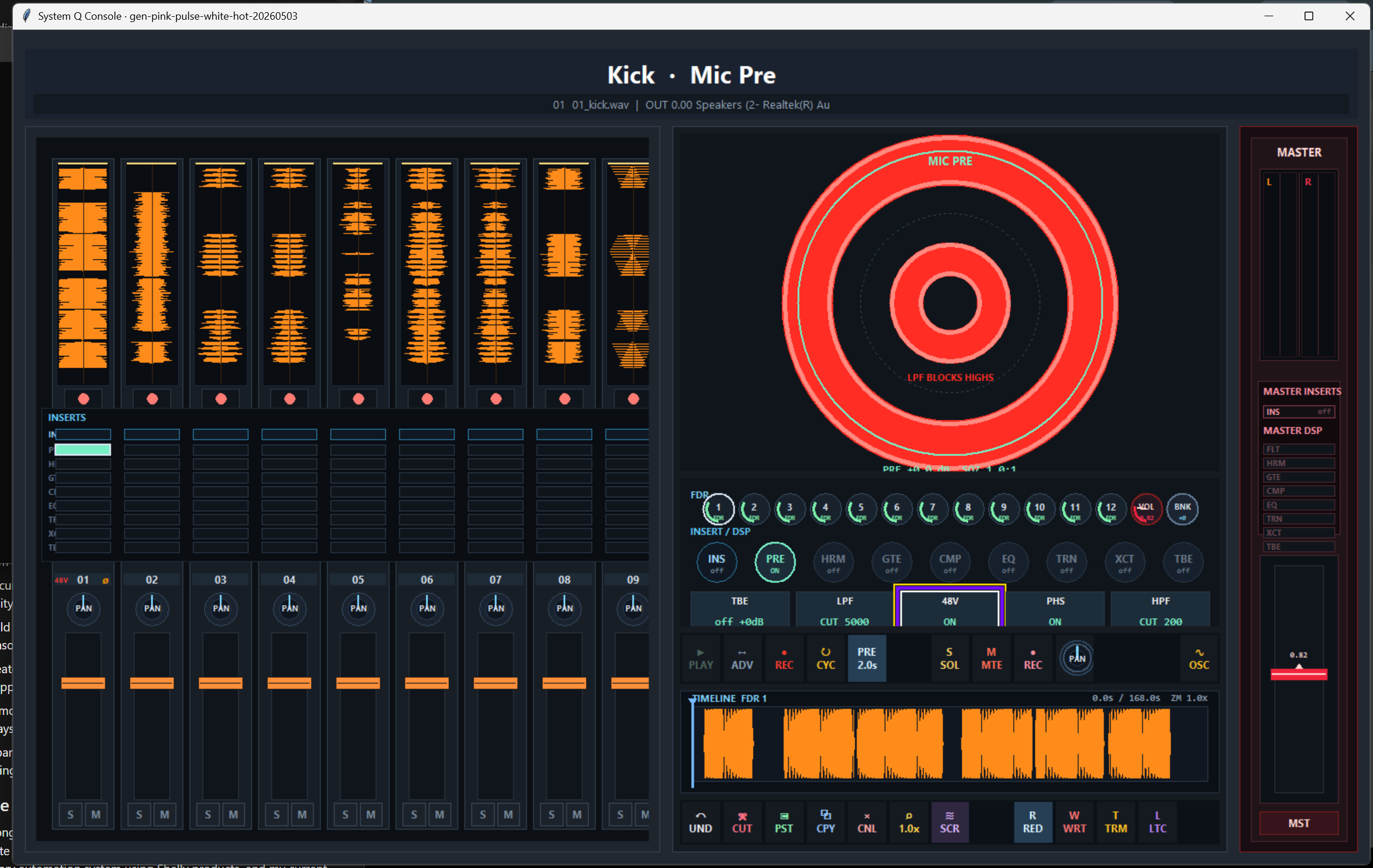 System Q Console Mic Pre stage with polar editor, channel strips, insert matrix, and transport
