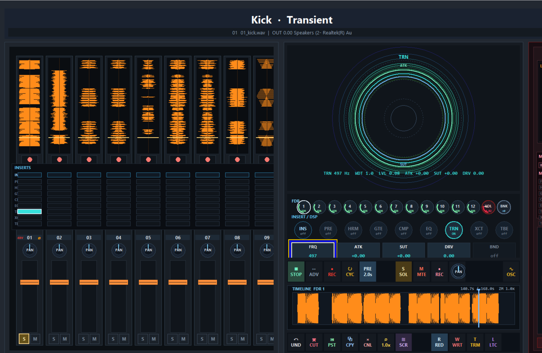 System Q Console Transient stage with frequency, attack, sustain, drive, and band controls