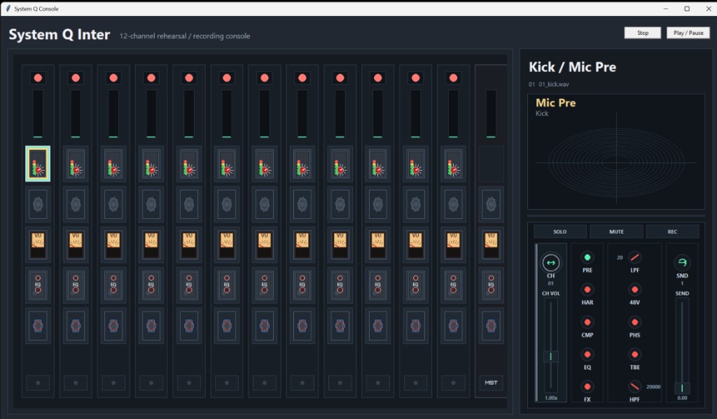 System Q Console desktop application: 12-channel strip with mic pre / polar focus on Kick channel