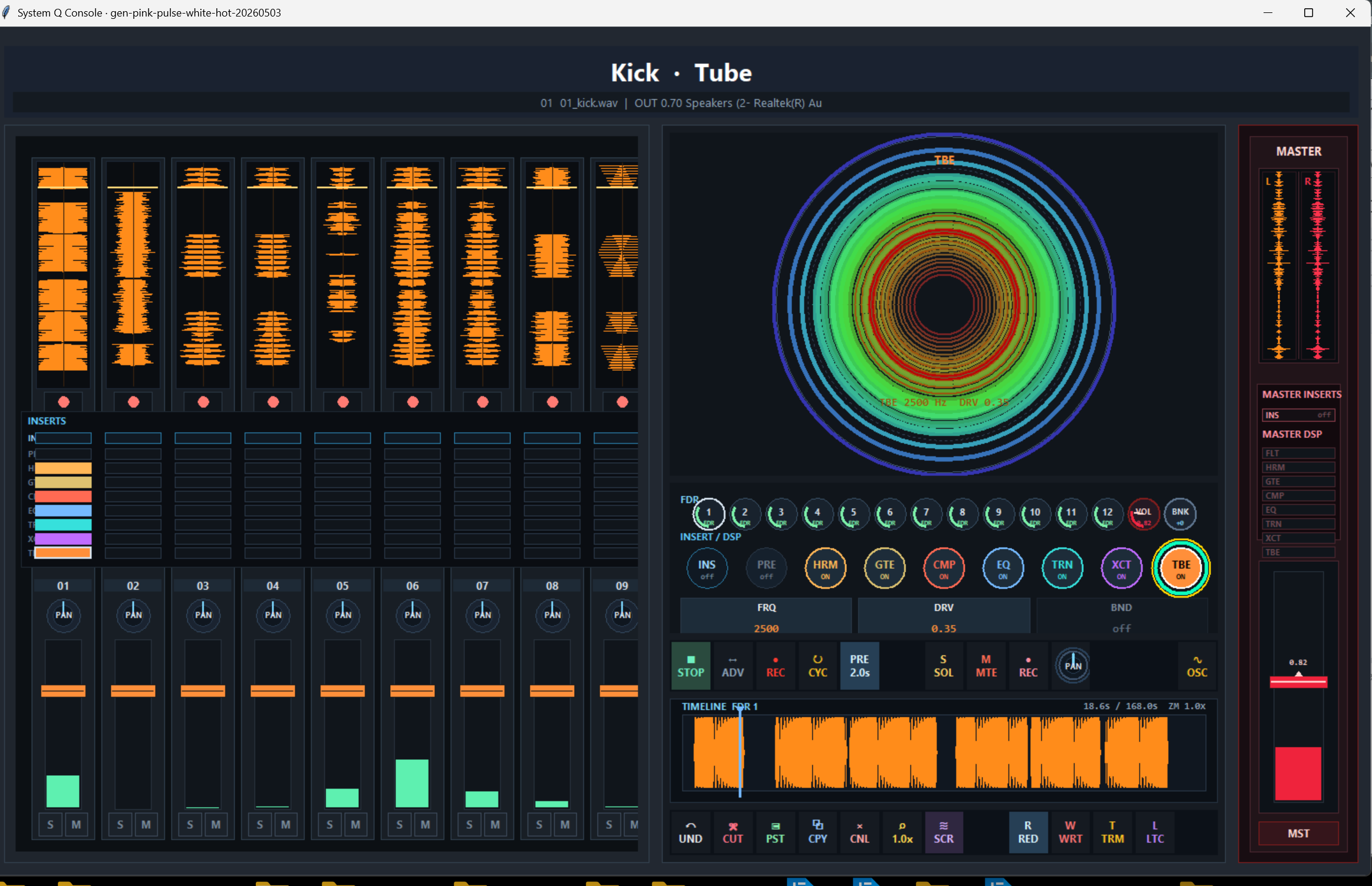System Q Console desktop application with active Tube stage, target banks, stage grid, polar editor, transport, timeline, aux returns, and stereo master bus